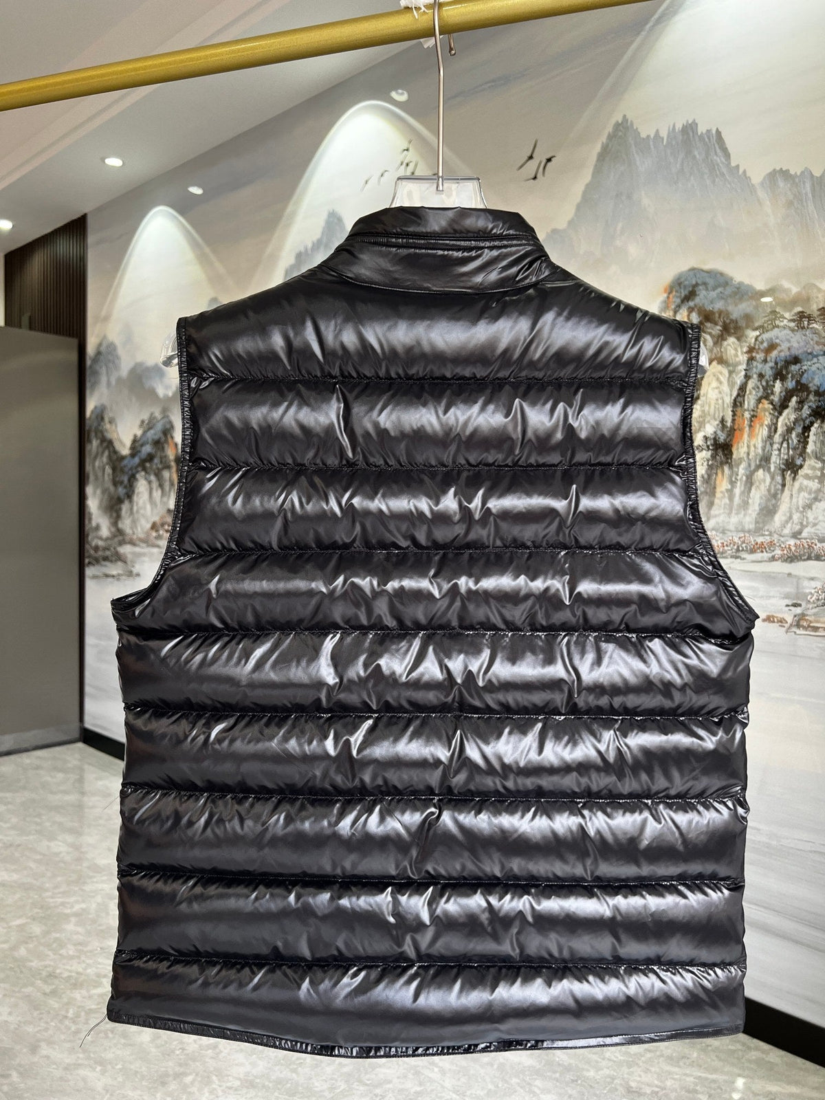 Moncler Puffer Vest in Black with Glossy Finish and Stand Collar