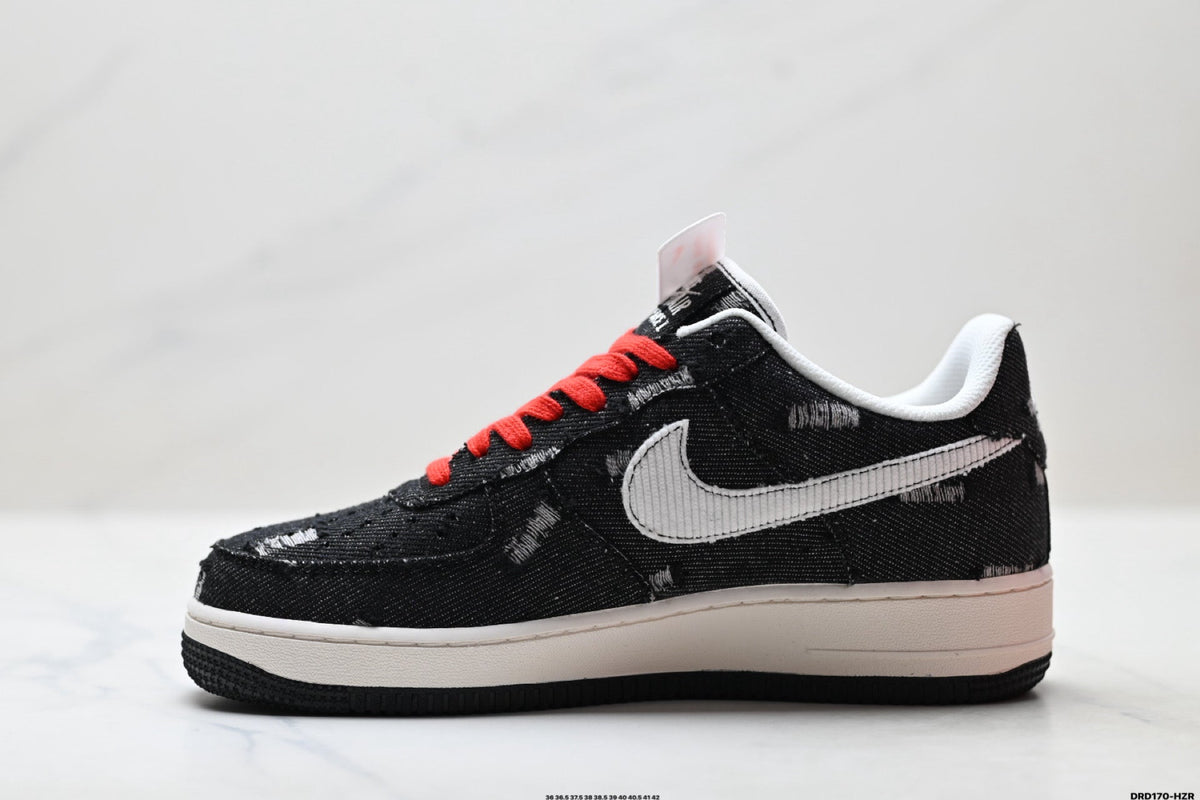 Nike Air Force 1 Low Black White Red Lace Unisex Sneakers Style 03