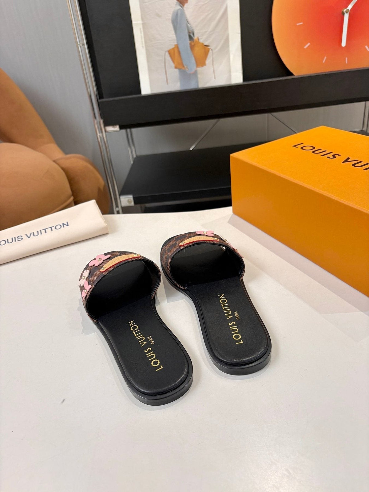 Louis Vuitton Floral Checkered Slide Sandals