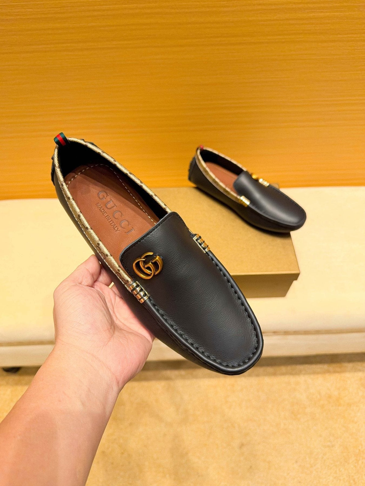 Gucci Black Loafers with Patterned Trim