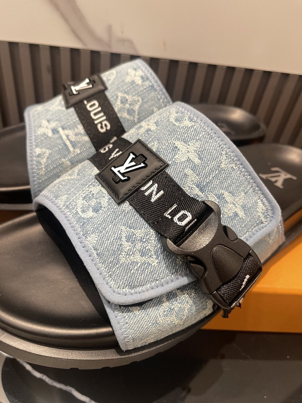 Louis Vuitton Light Blue and Black Slide Sandals